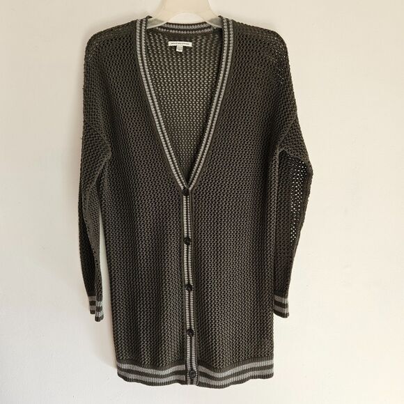 American Eagle Long Cardigan Womens Medium Green V-neck Crochet Knit AEO - Picture 9 of 9